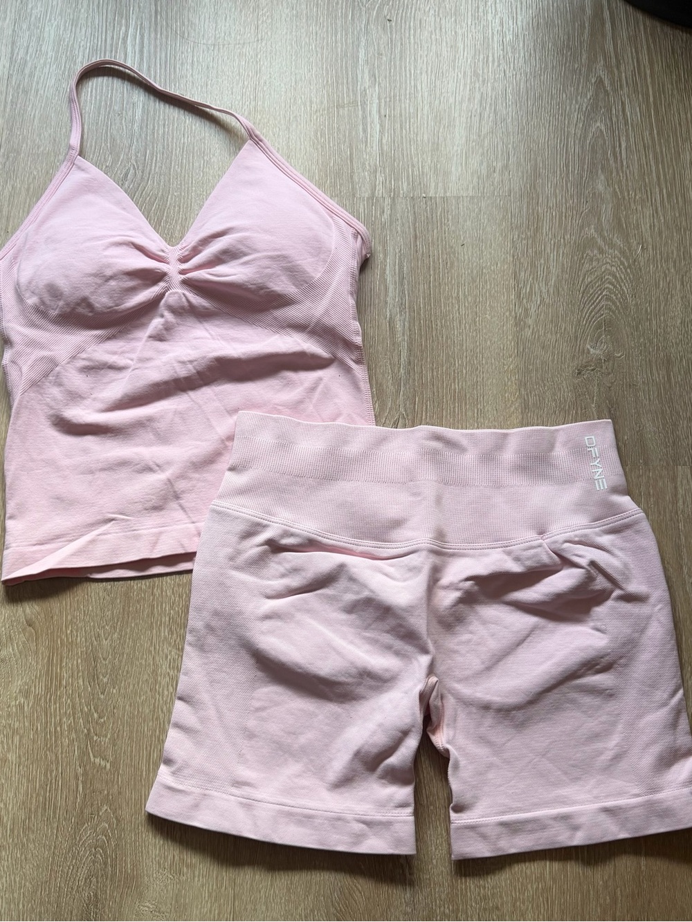 DFyne pink impact sports bra and shorts set